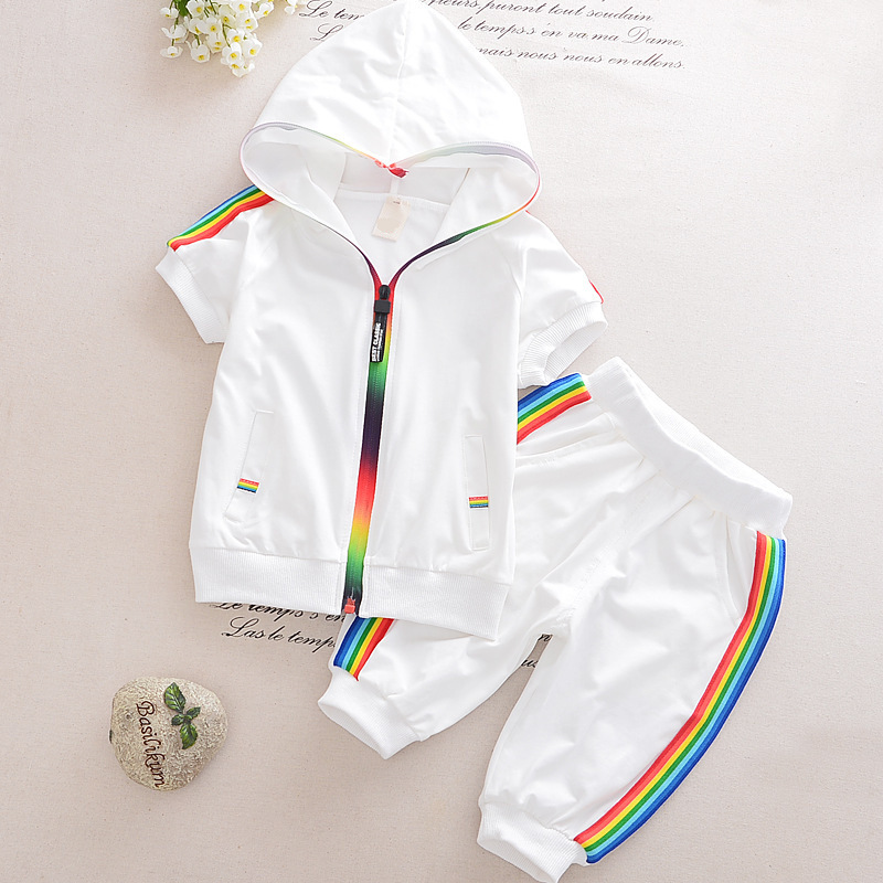 

New Fashion Summer Kids Boy Girls Clothes Sportswear Short Sleeve Colorful Zipper Hooded Clothing set For Baby Children Outfit Sets, Black