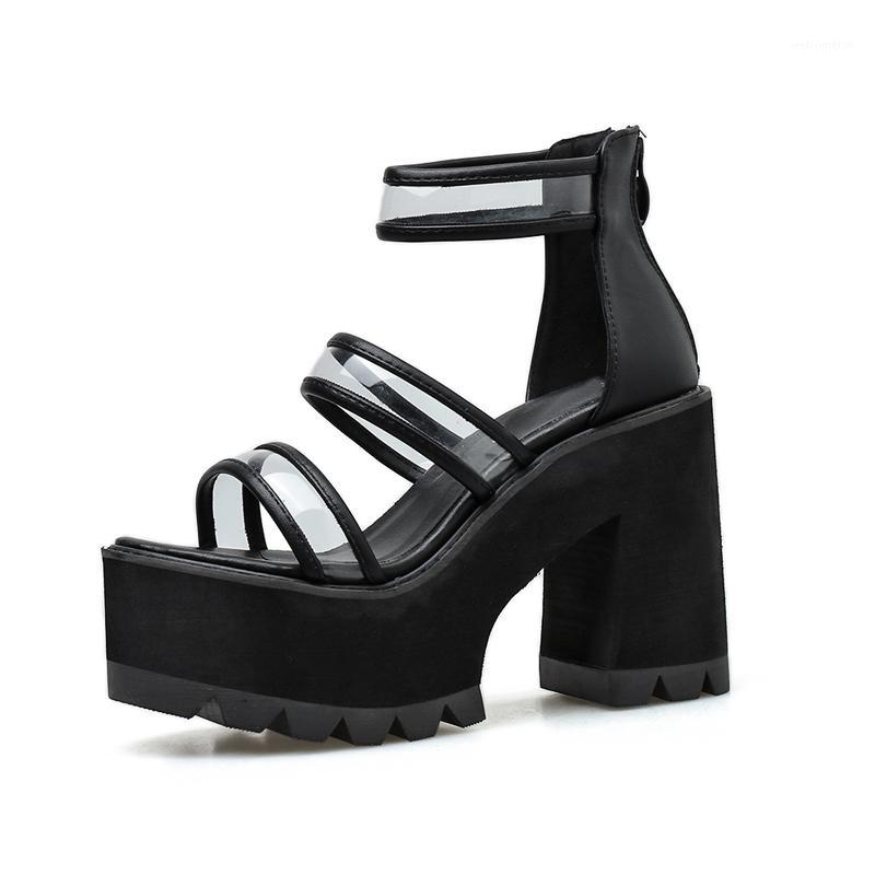 

chunky heel sandals punk shoes Sandals High Heels Platform Women Summer Shoes sandalias romanas women's YMB1111, Black