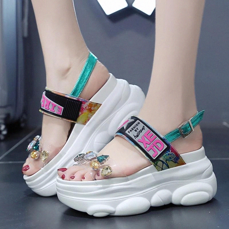 

9cm/3.9 inch Height Wedge Open Toed Sandals Fashion Shoes Woman Summer Rhinestone Flat Platform Chunky Sandals Sandalias Mujer #TG0w, Black