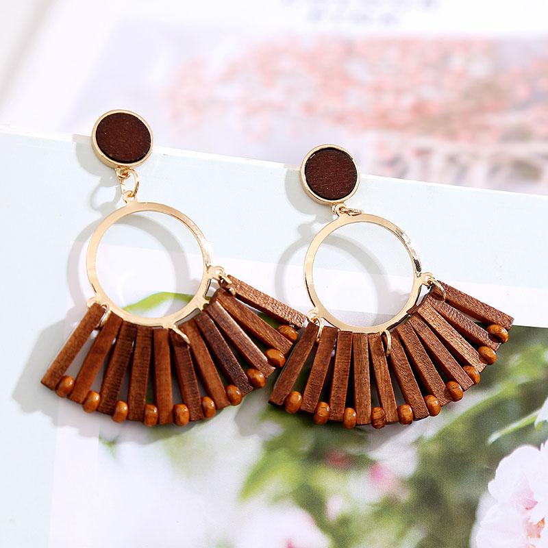 

Statement Creative Handmade Wooden Drop Earrings For Women Vintage Ethnic Geometric Round Metal Dangle Earring Jewelry Gifts
