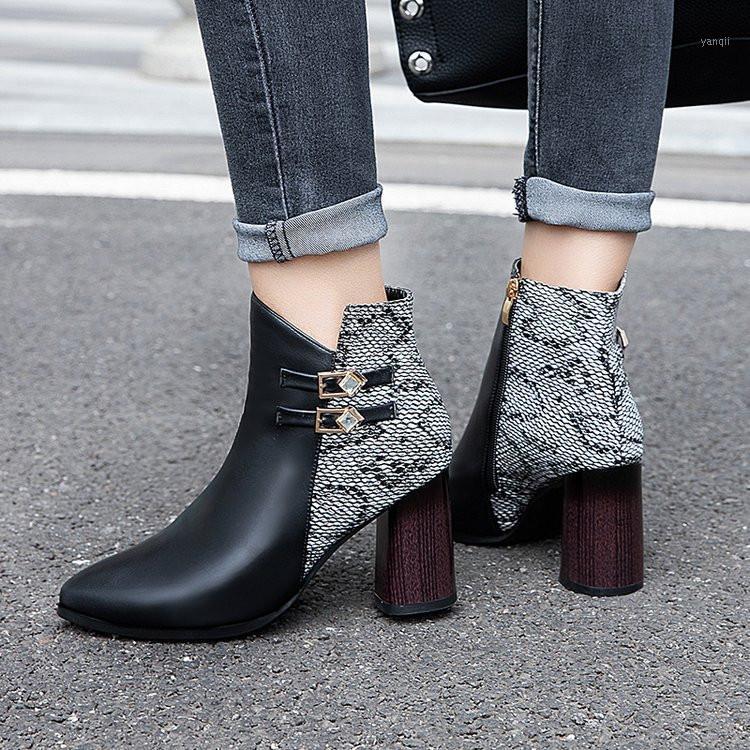 

Patchwork leather booties Women Pointed Toe Casual High Heels Single Shoes Ladies Short Boots Bota Feminina British Style1, Red