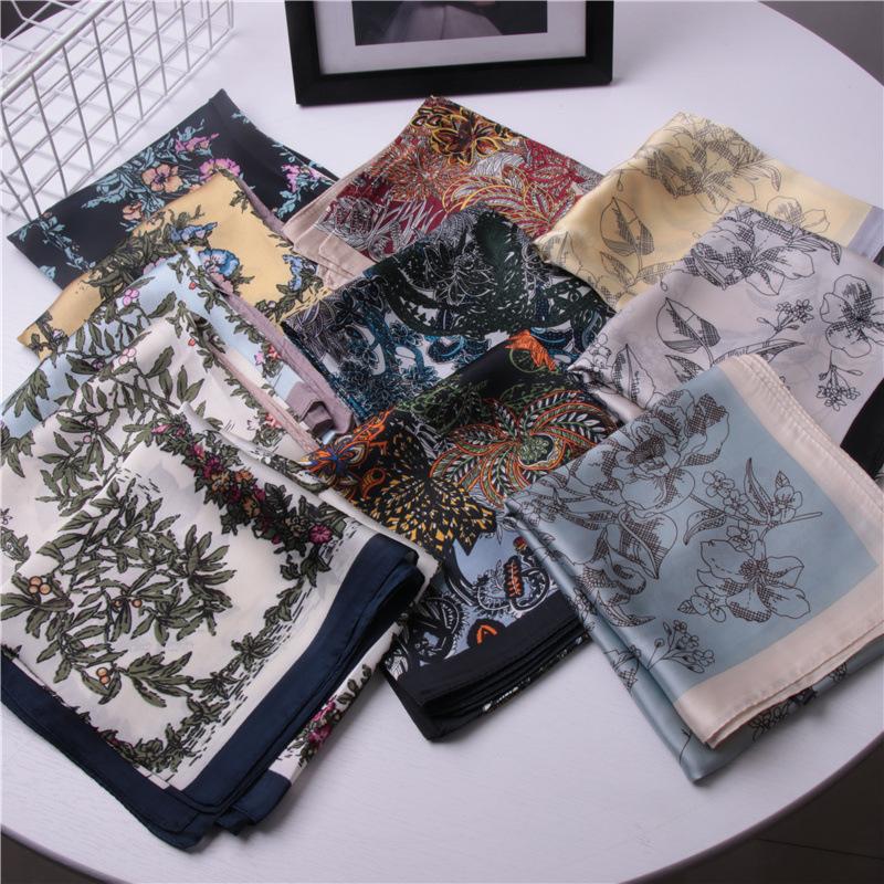 

Berets 2021 Square Silk Scarf Women Fashion Print Small Neck Scarves Lady Eleglant Hair Band Foulard Hand Kerchief Female Bandana Shawl, Blue;gray