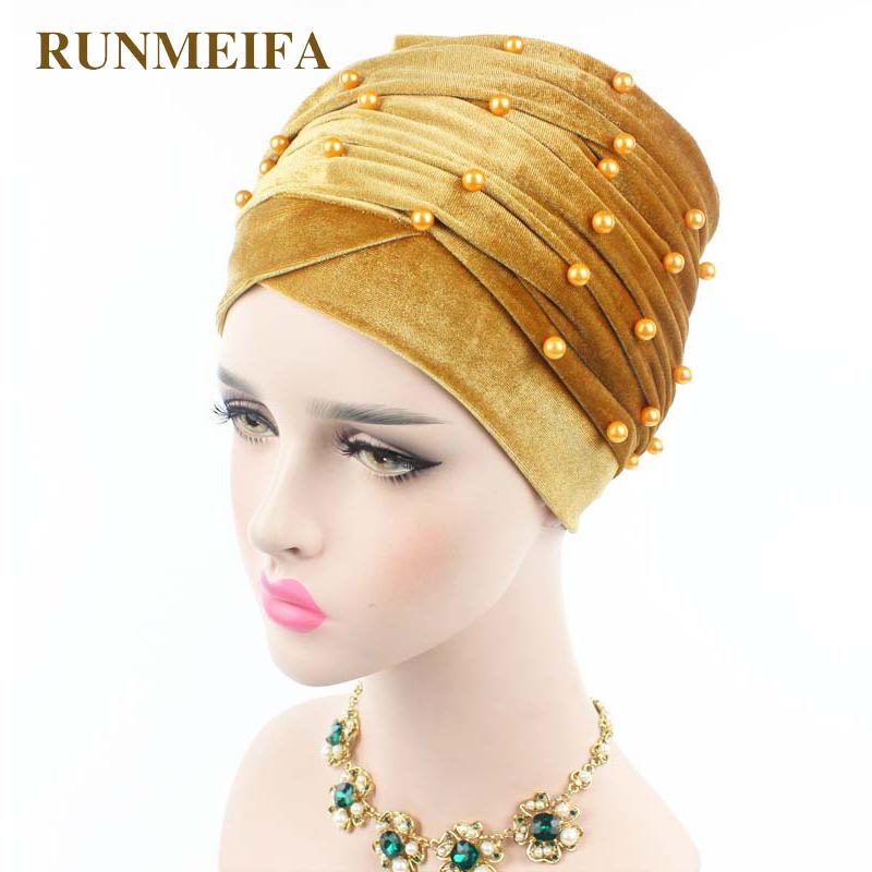

RUNMEIFA New design Muslim Muslim Skullies & Beanies velvet scarf cap for ladies pearl head scarf African wrap hat
