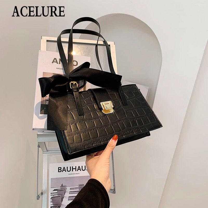 

ACELURE Fashion All-match Elegant Ladies Purse Flap Bow Decor Women Shouldern Bags Solid Color Stone PU Leather Crossbody Bags, Black
