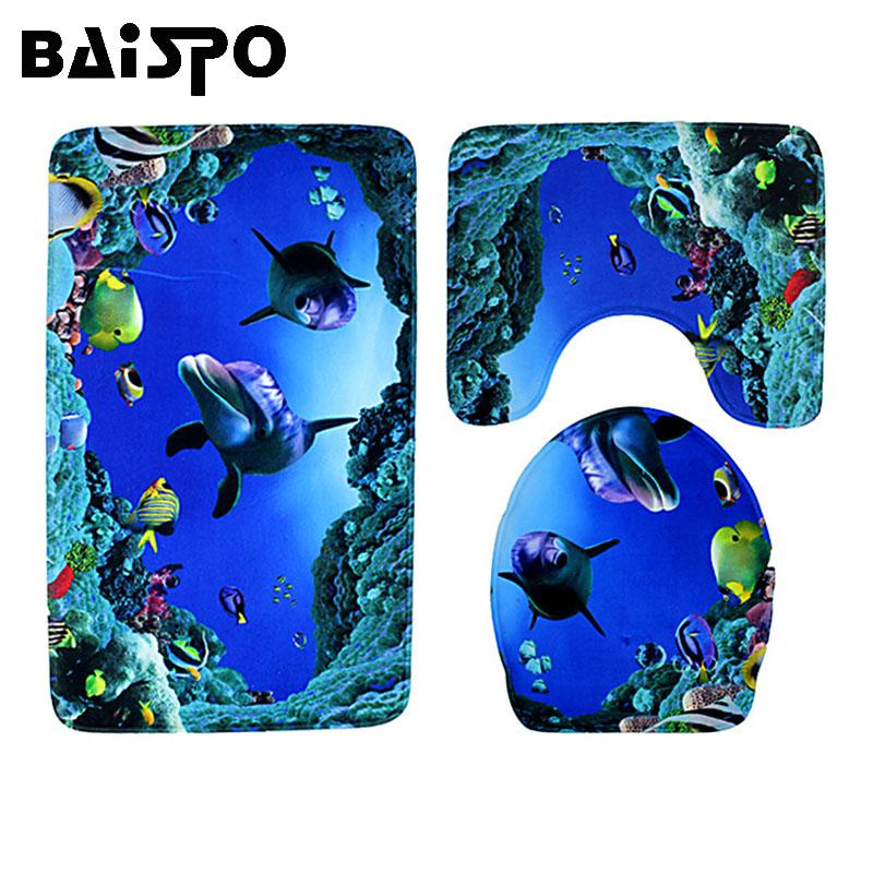

BAISPO 3pcs/set Ocean Style Toilet Set Mat Home Bathroom Toilet Foot Seat Lid Cover Pad Cap Christmas Decorations Carpe Rug