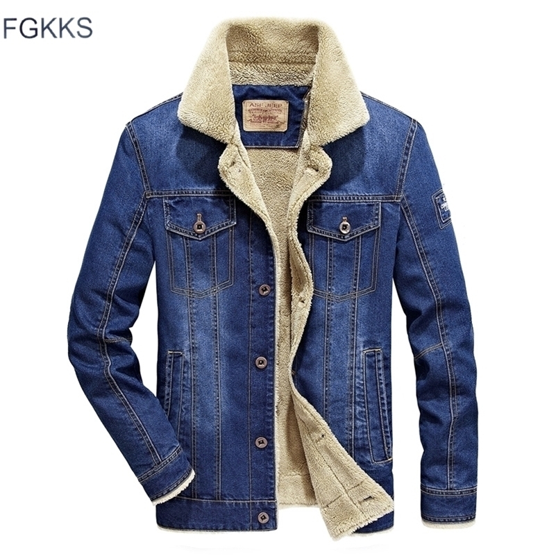 

FGKKS Brand Men Denim Jacket Autumn Winter Men's Fashion Aviator Button Warm Men's Jackets Coat 201118, Dark blue