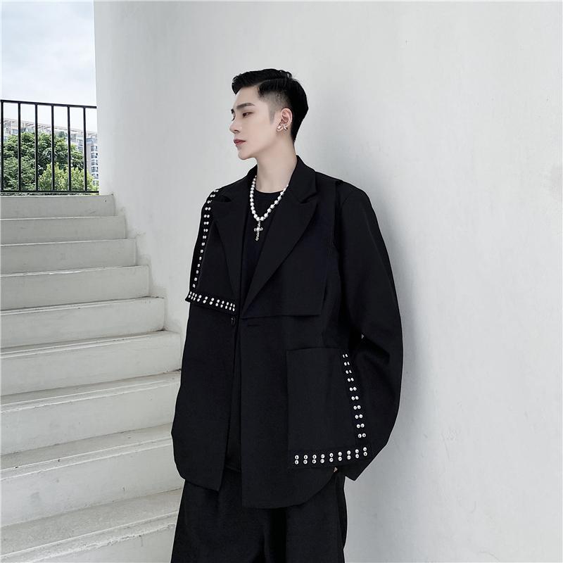 

Male Harajuku Streetwear Punk Gothic Suit Coat Stage Clothing Men Asymmetric Rivet Decoration Casual Loose Suit Blazers Jacket, Tf37