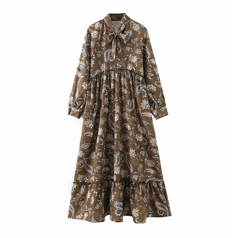 

Vintage Fashion Flower Print Midi Dress Women Bow Tie Collar Long Sleeve Female Dresses Chic Vestidos Mujer, As picture