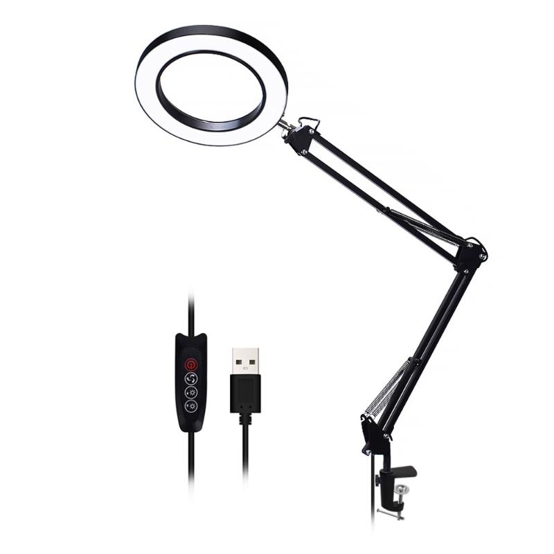 

Led Light 5X Magnification Glass Three Dimming Modes Adjustable Brightness Desk Lamp USB Powered with Foldable Bracket