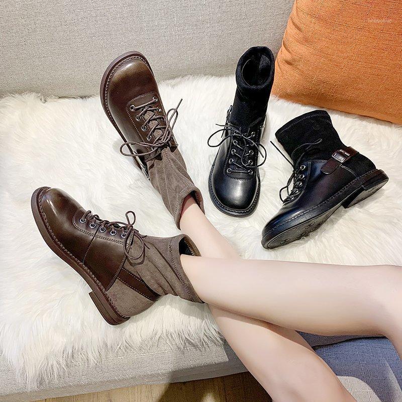 

Stylly Winter Ankle Boots Women Leather + Flock Stretch Fabric Elastic Flat Heel Boot Shoes Woman Half-sock Boots Botas Mujer1, Black