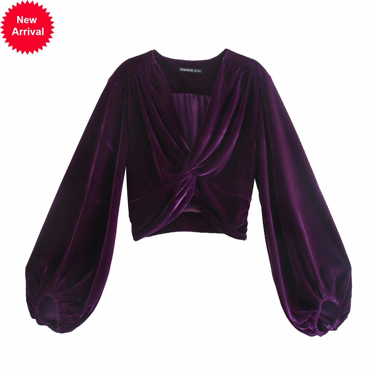 

2021 New Spring Fall Purple Velvet Twist T-shirts Female Tops Take Off in v Sexy Lantern t Chic Woman Tshirt Street Sxtz, Beige