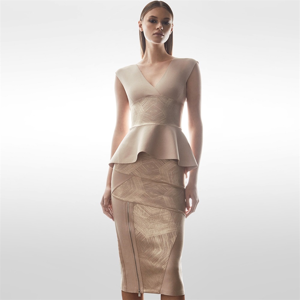 

2020 Set Two Parts Gold Bronzing Patchwork Women Bandage Dressed Deep Decorating on v at Height of Knee-length Mode Style Dress Swve, April
