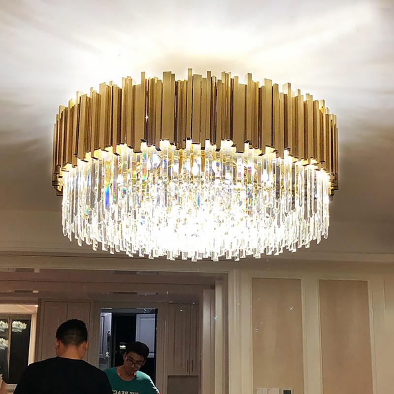 

Modern LED crystal chandelier luxury gold stainless steel lustres cristal lampshade for living room hanging ceiling fixtures