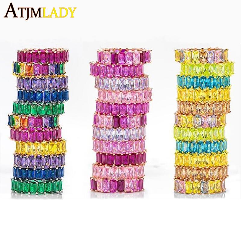 

Hot sale baguette rainbow gold filled thin ring line micro pave cz eternity various colors stack colorful cz women fashion ring