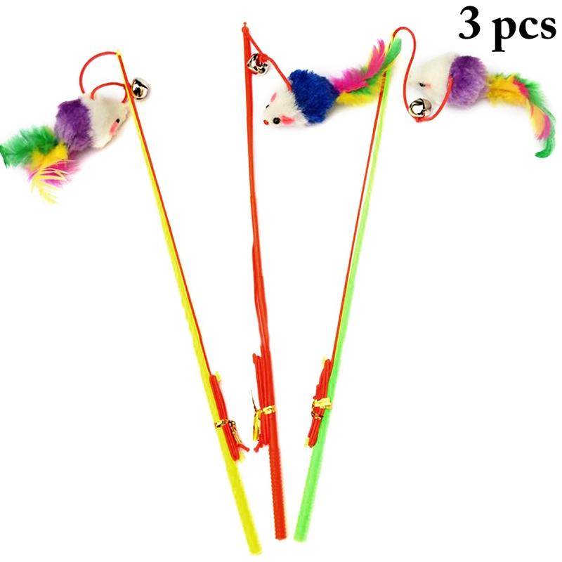 

3pcs Pet Cat Teaser Toys Feather Wand Cat Catcher Teaser Stick Interactive Toys Rod Mouse Toy with Bell for Cats Kitten