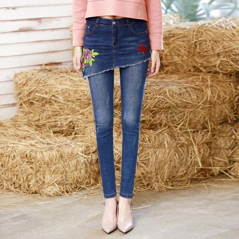 

2020 autumn large size women' jeans fake two pieces of embroidered jeans skirt stretch slim trousers, Black