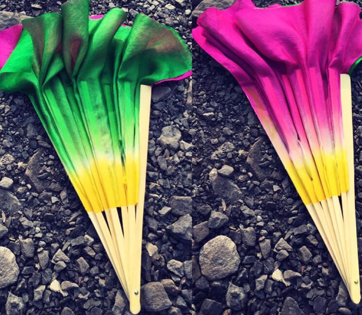 

1pair (1R+1L=2PCS) Chinese Short Silk Dance Fan 30cm Bamboo+20cm Half Circle Silk Over Two Sides Different Color Free Shipping, As picture