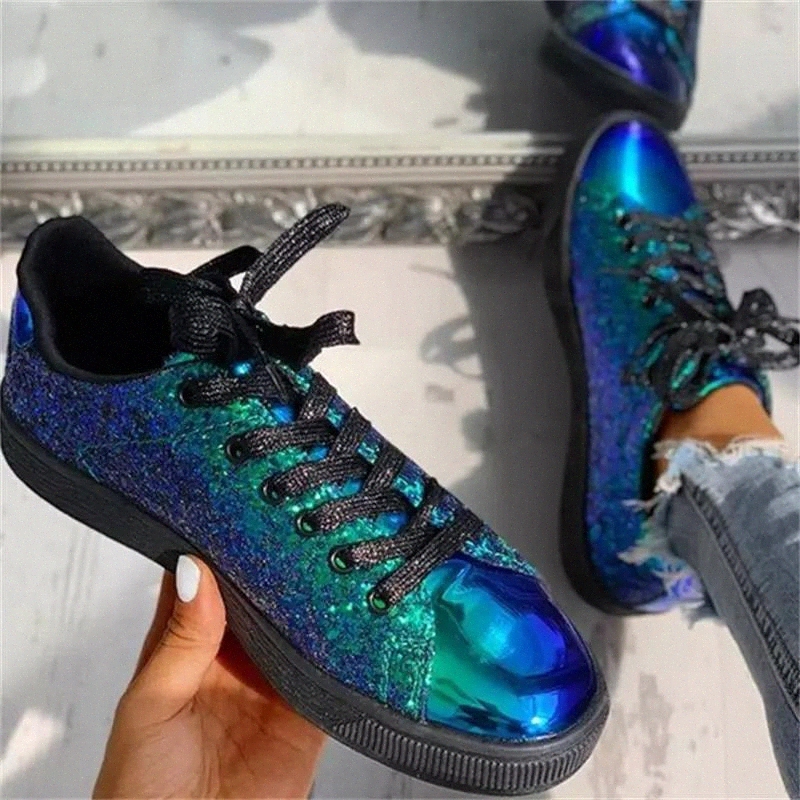 

Women Glitter Sneakers Split Joint Shining Rhinestone Lace UP Mix Colors Ladies Shoes Rhinestones Female Flat Shoes #Bd1S
