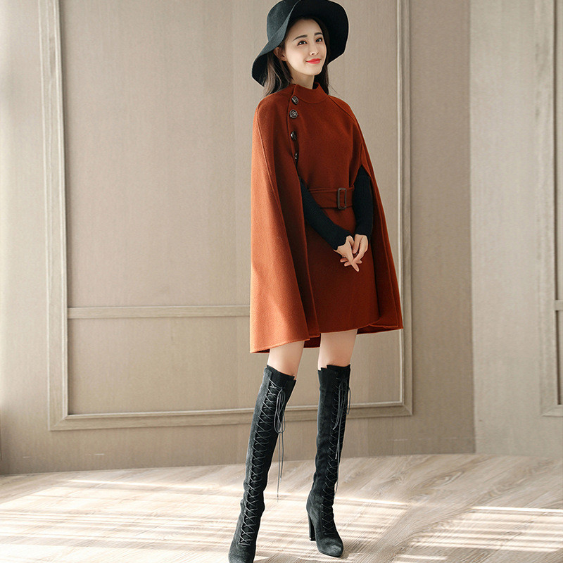 

2021 New for Woman Spring Fashion Thin Sash Wool Loose Coat Black Ponchos 9I6T, Brown