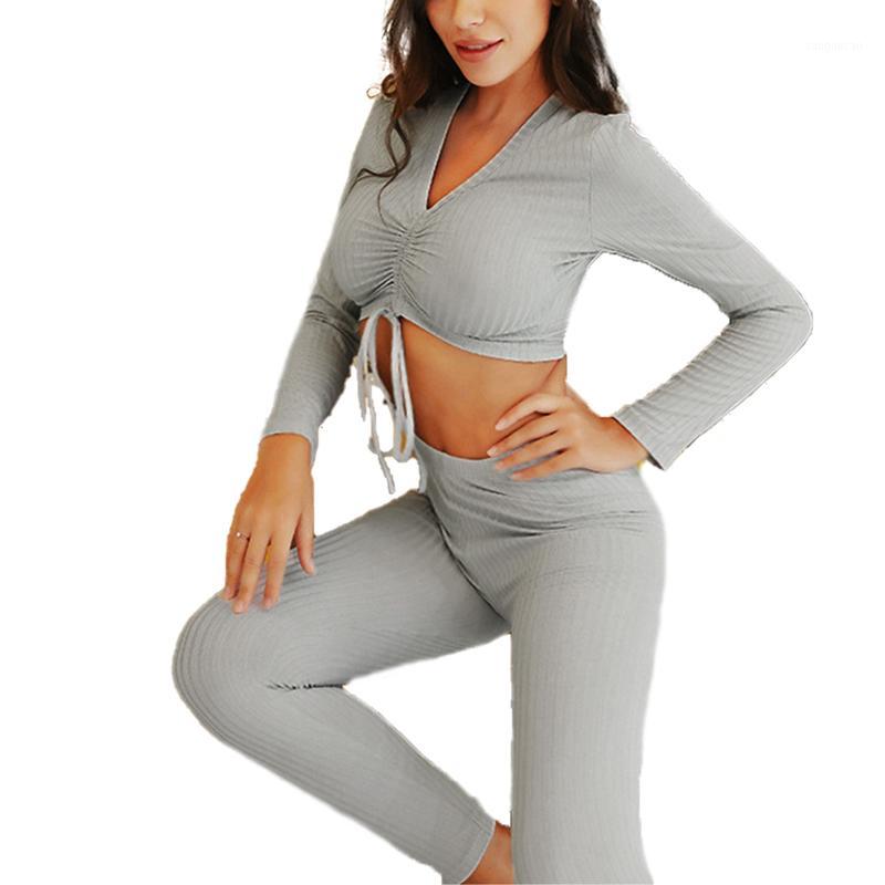 

2 Pieces Set Women Yoga Fitness Suit Deep V-Neck Drawstring Crop Top + Skinny Pants Leggings Sports Tracksuits Women Gym Set1, Gray