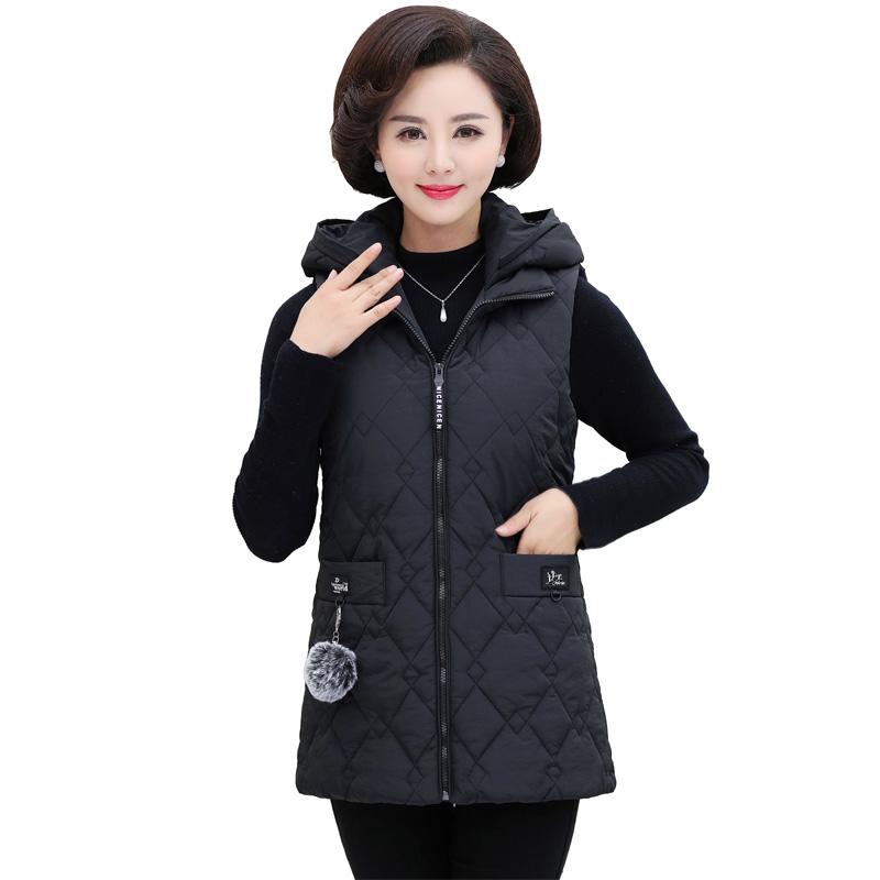 

Cotton Waistcoat Fall Winter New Middle Age Women Clothing Sleeveless Hooded Jackets And Coats Plus Size Plaid Vest Clothes, Black