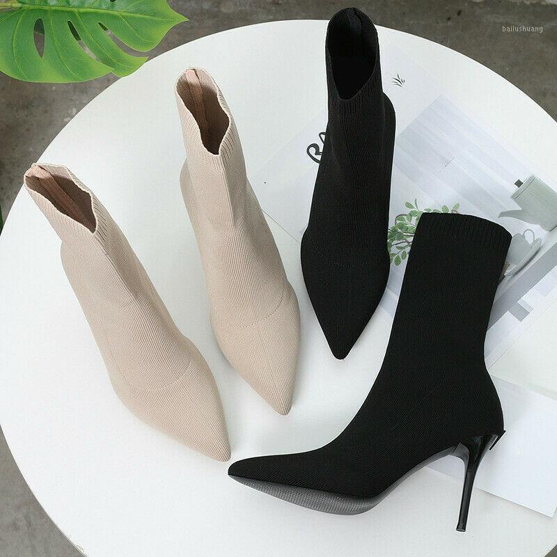 

2020 New Spring Autumn Winter Womens Slim High Heeled Sock-like Booties Pointed Toes Shoes Ladies Stretch Fabric Slip-On Boots1, Apricot 9cm