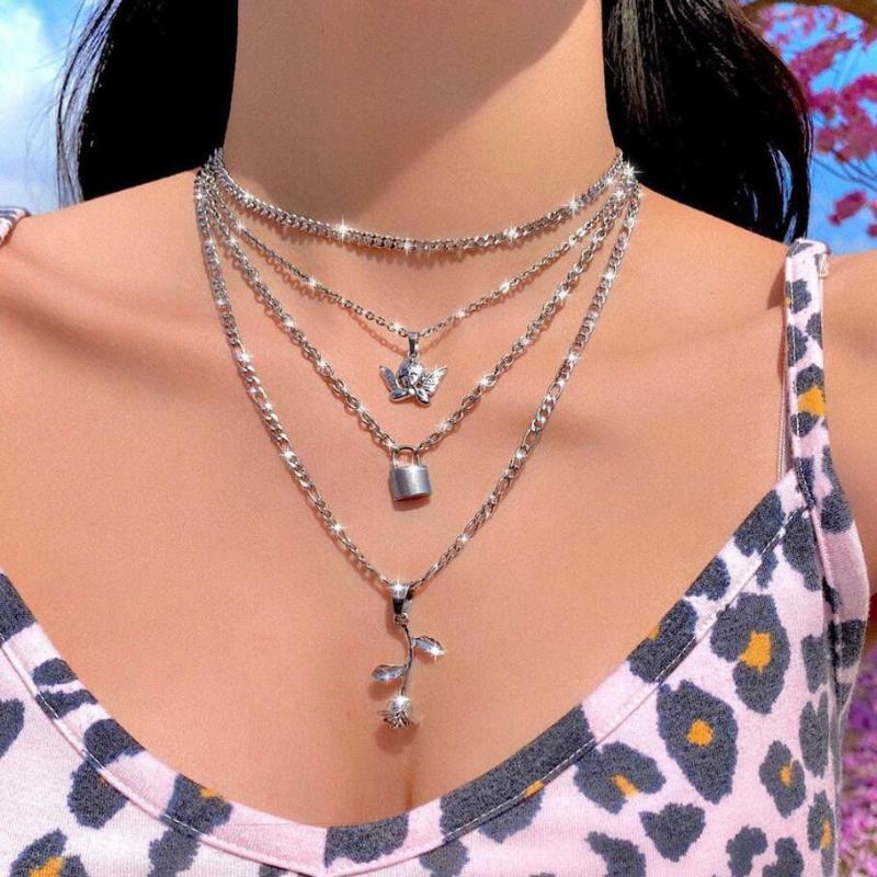 

Silver color Choker Necklace for women 4 Layers lock angel Pendant Chain Necklaces & Pendants velvet chokers Fashion Jewelry