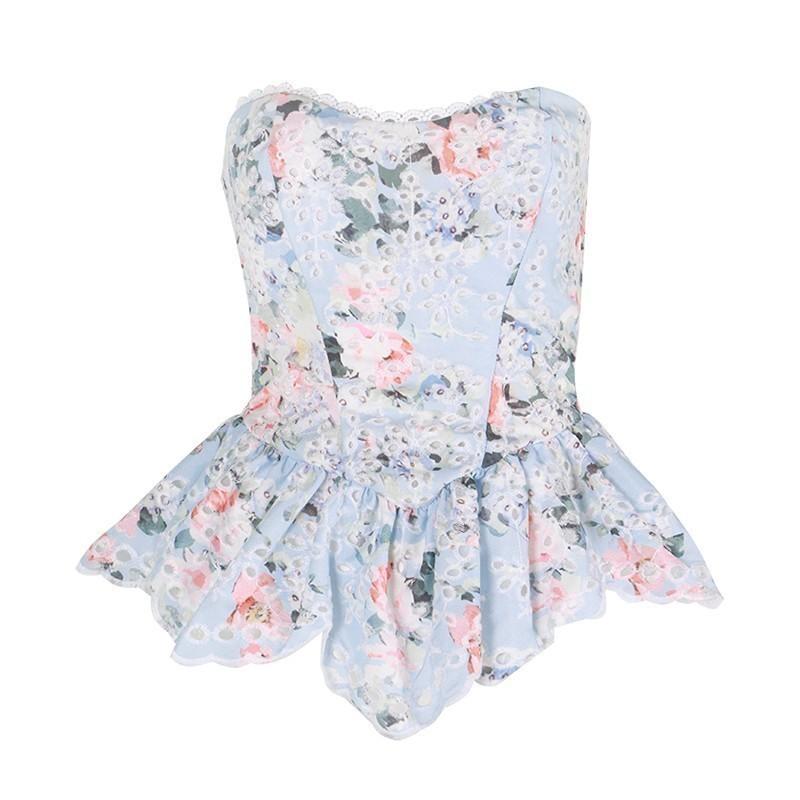 

Runway Designer Sexy Woman Tank Top Floral Print Ruffle Hollow Out Embroidery Pleated Backless Slim Woman Tops, Blue