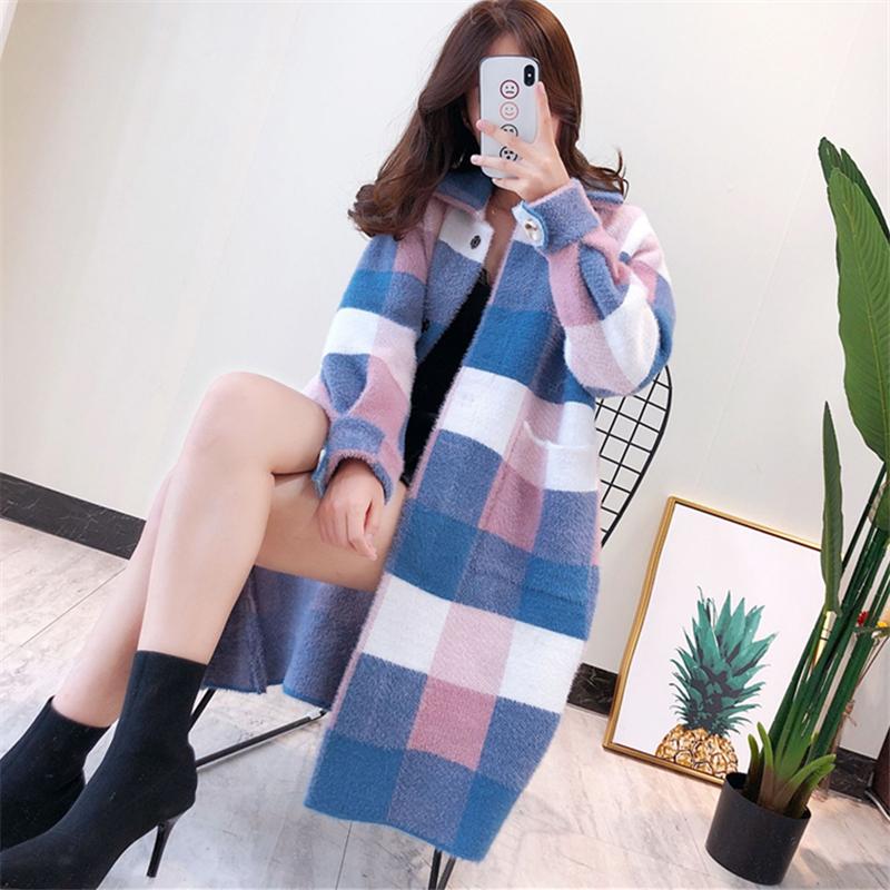 

Mid-Length Plaid Long-Sleeved Mink Fleece Sweater Women's 2020 Autumn Winter Fashion New Products Loose Knit Tops Trendy 235, Photo color 9