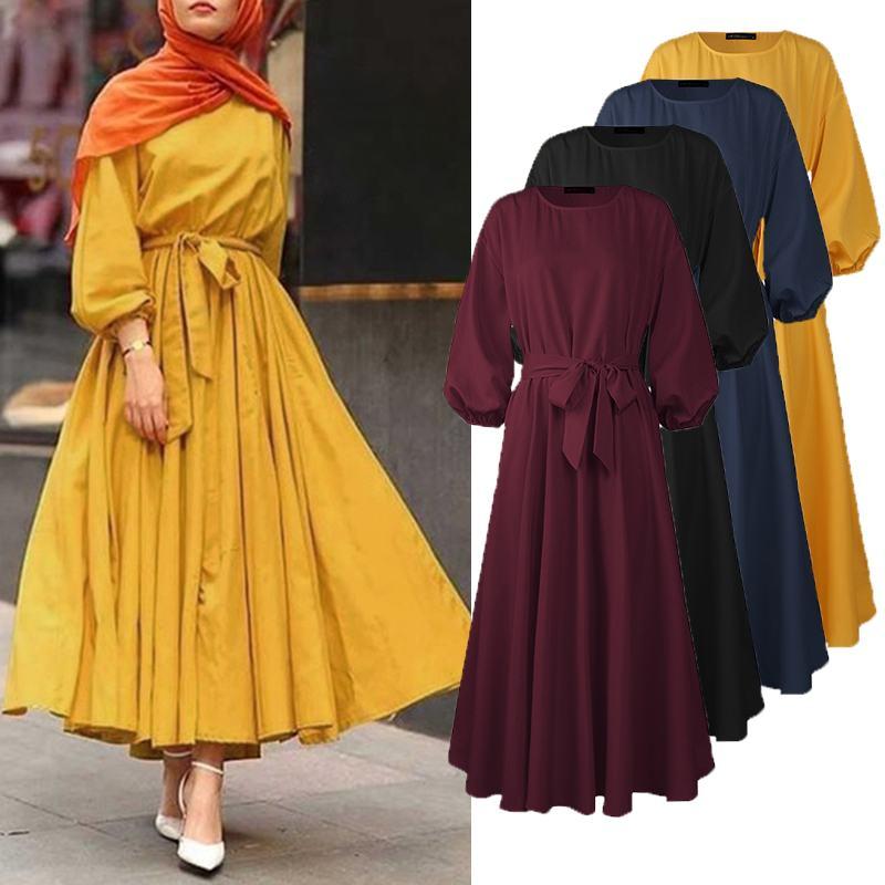 

Women Solid Full Sleeve Dress Lace-Up ZANZEA Autumn Vestidos O-Neck Casual Tunic High Waist Long Maxi Robe Muslim Plus Size 5XL, Black