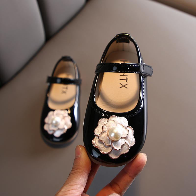 

Girls Leather Shoes Autumn New Children Girls Princess Shoes Pearl Flower Flat Student Party Non-slip Black SHS051, Shs051pink