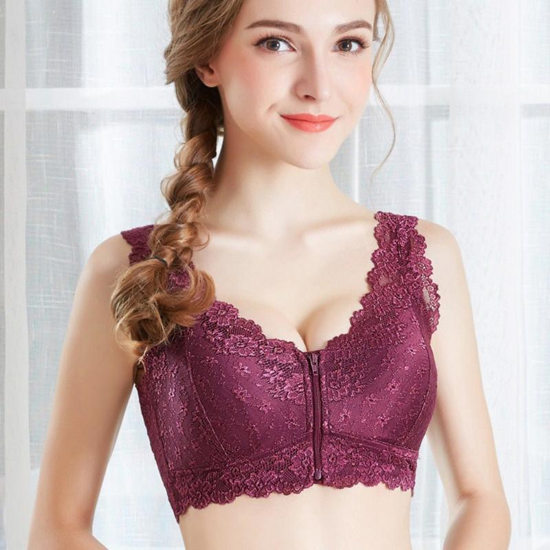 

Adjustable Women Lace Wireless sport Breathable Bra Zero-pressure Front Zipper Flower Breathable Sleep Seamless Bra Female #G21, Purple