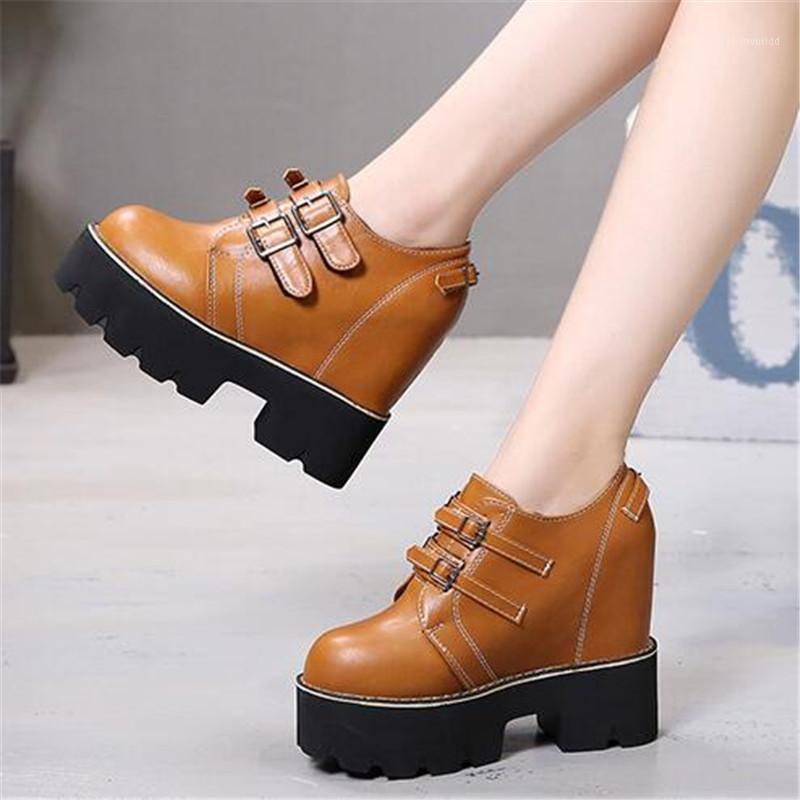 

Women Round toe Ankle Boots Wedges Platform Spring Autumn Female 12CM Internal increase Shoes Ladies Fashion Punk Buckle Botines1, Black