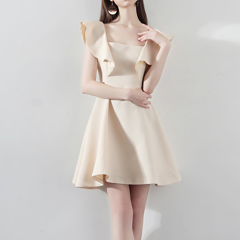 

2021 New Elegant Mini Petal Sleeve Slim Sexy Party Beige Women Vestidos Over