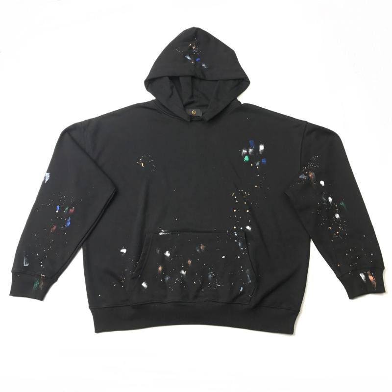 

Black Paint Splatters Hoodie Hip Hop Short Length Raglan Pullover Autumn Streetwear