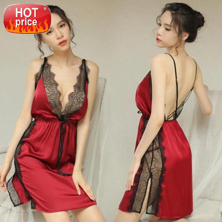 

Sexy Sleepwear Women Nightgowns Split Lace Backless Sleep Night Dress Slip Satin Nightgown Nightdress Nightwear Sexy Dress #8x4V, Black;white