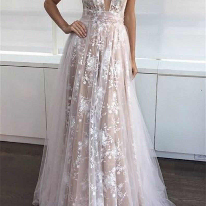 

2021 New Elegant Sexy V-neck Lace Party Women Club Wedding Banquet Dinner Evening Wear Maxi B6zt, Beige