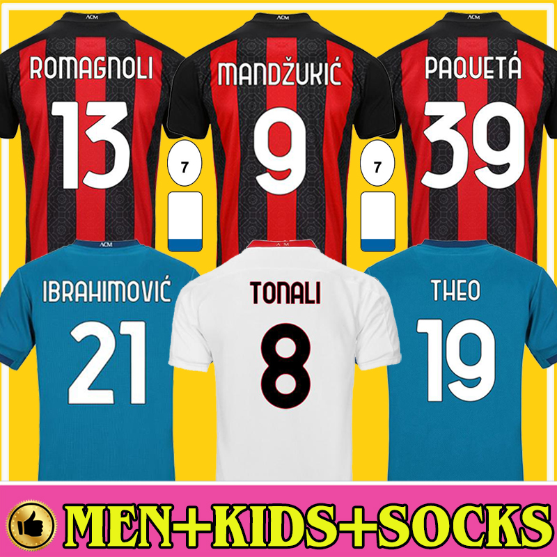 

AC Milan 20 21 Soccer Jersey IBRAHIMOVIC PAQUETA BENNACER ROMAGNOLI CALHANOGLU 2020 2021 Football Shirt TONALI REBIC Maillot Men + Kids Kit, Home red black with serie +7