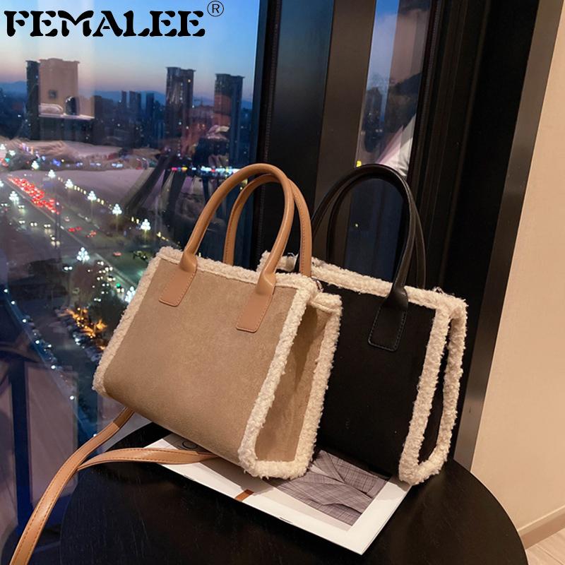 

2021 Fall Winter Women Fashion Underarm Sac Simple Designer Tote Lambswool Shoulder Bolsa Leisure Female Big Capacity Handbags, Black