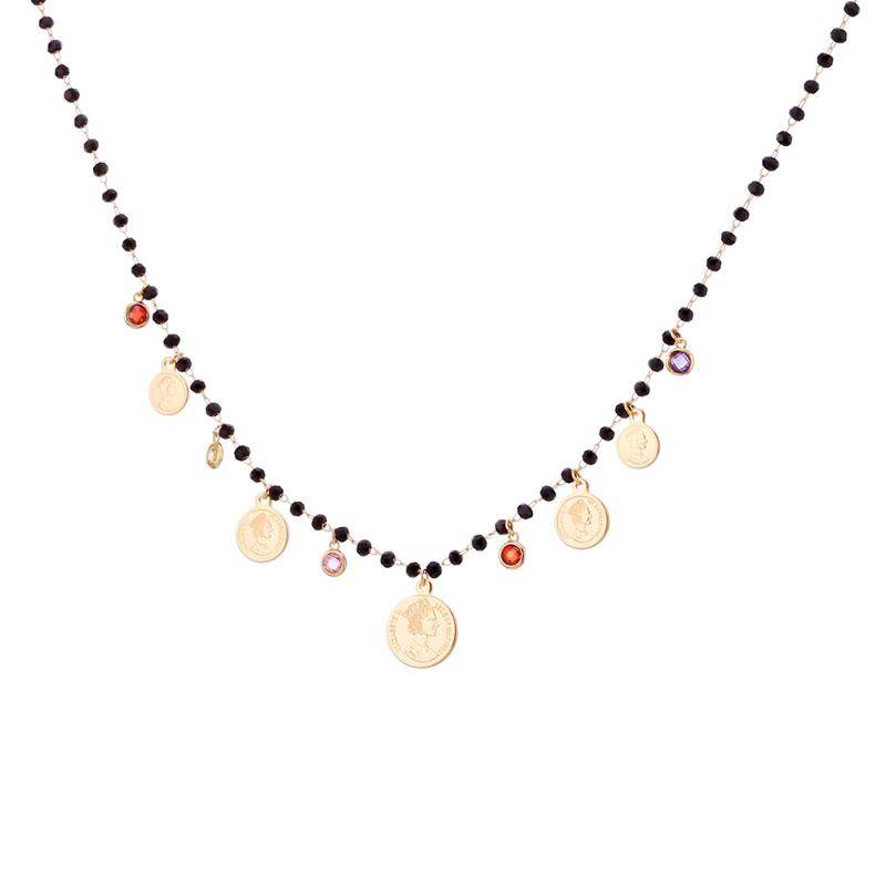 

Unique Queen Portrait Coins Chokers Necklace Women Accessories 2020 Bohemia Black Beads Chain Tassel Colorful CZ Zircon Jewelry