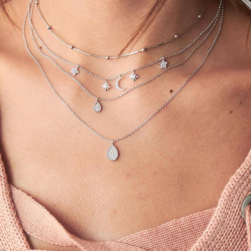 

Bohemian Multi Layer Necklace For Women Vintage Moon Star Pendant Necklace Geometric Collars