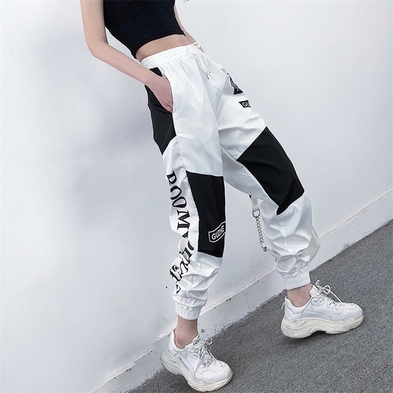 

High Waist Letter Spliced Cargo Pants Women Loose Harajuku BF Ankle-Length Overalls Pants Plus Size Hip Hop Women's sports pant 201228, Blue