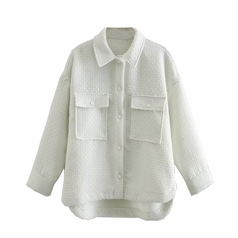 

New 2021 Fashion Spring Pocket Design Women Loose Style Turn Down Collar White Jacket Coat Chaqueta Mujer A5yc