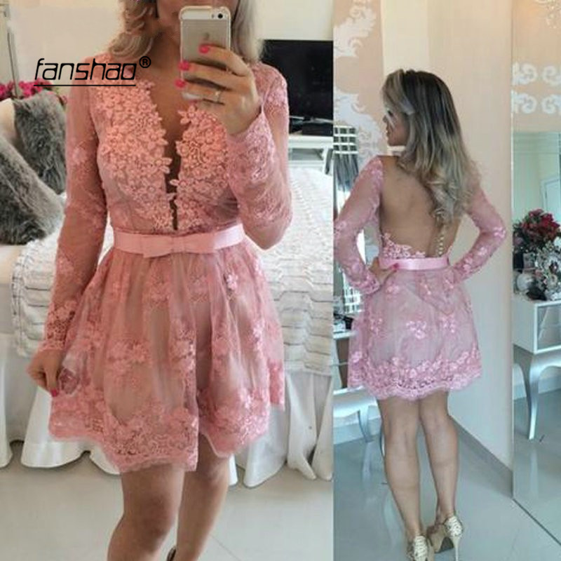 

Homecoming Dresses Deep -V Full Sleeve Belt Backless Lace Party Dresses Mini Prom Dress vestidos de graduacion, Orange