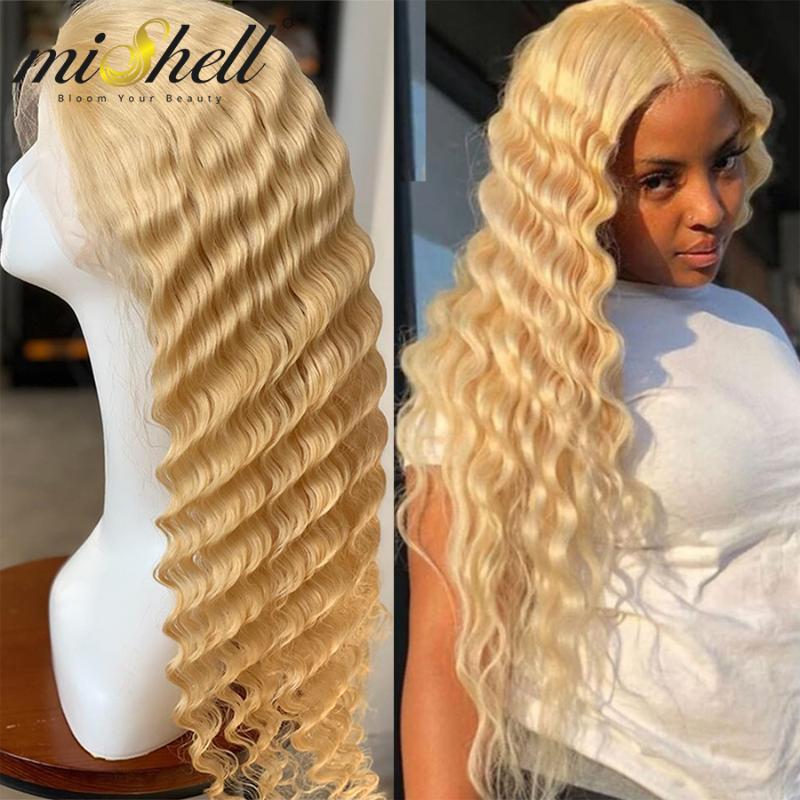 

Mishell 13x4 13x6 T Part 613 Honey Blonde Brazilian Wig Deep Water Wave Lace Front Human Hair Wigs Kinky Curly HD Transparent, 13x6 t part lace wig