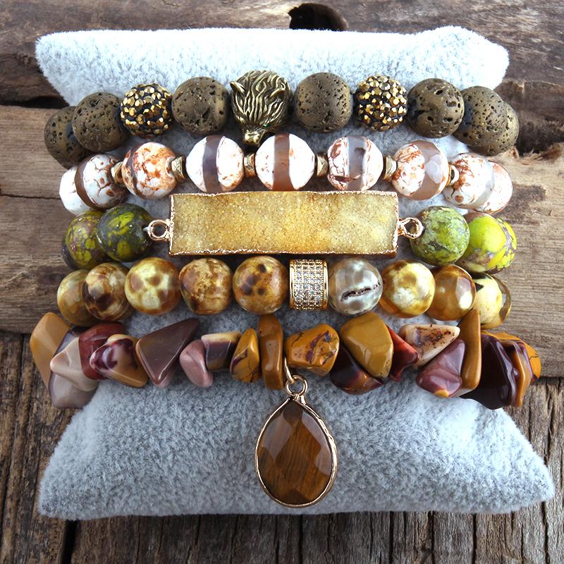 

MD New Designer Fashion Red Stones Beaded Bracelet Natural Stone Druzy Dorp Charms 5pc Bracelets Sets For Women Jewelry DropShip