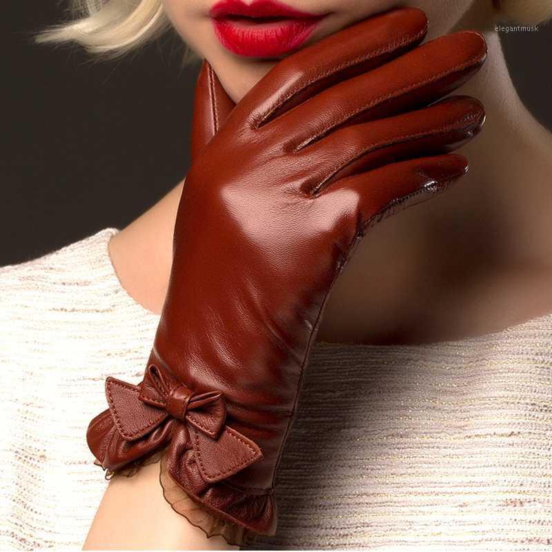 

BOOUNI Genuine Sheepskin Gloves 2020 Fashion Wrist Lace Bow Solid Women Leather Glove Thermal Winter Driving Keep Warm 1761