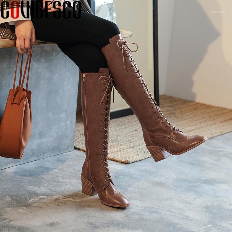 

COVIBESCO Autumn Winter Knee-High Boots For Women Genuine Leather Thick Heels Shoes Woman Side Zipper New Cross-Tied Long Boots1, Blackr