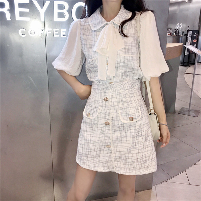 

2021 New Elegant Mode 2 Piece Chess Dress Together Ladies Bowknot Puff Mini Defines Sweet Girl Two Sets Skirt Garments EEF7, Blue