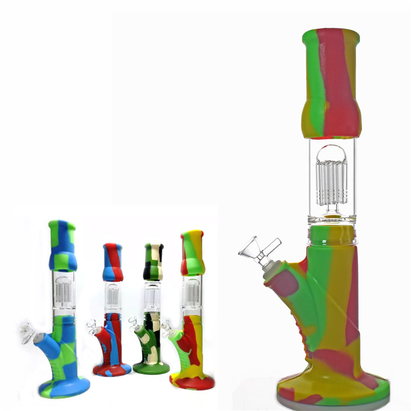 

14.5 inche tall silicone beaker bong 8 arm tree perc bongs percolator Unbreakable dab rig bong recycler water bong with 14mm tobacco bowl